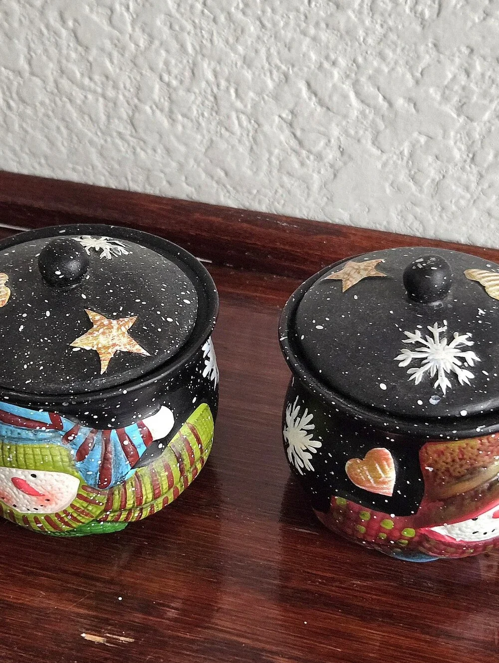 Susan Winget Set 2 Small Snowman Candle Crocks, New In Box Ceramic Holiday Decor